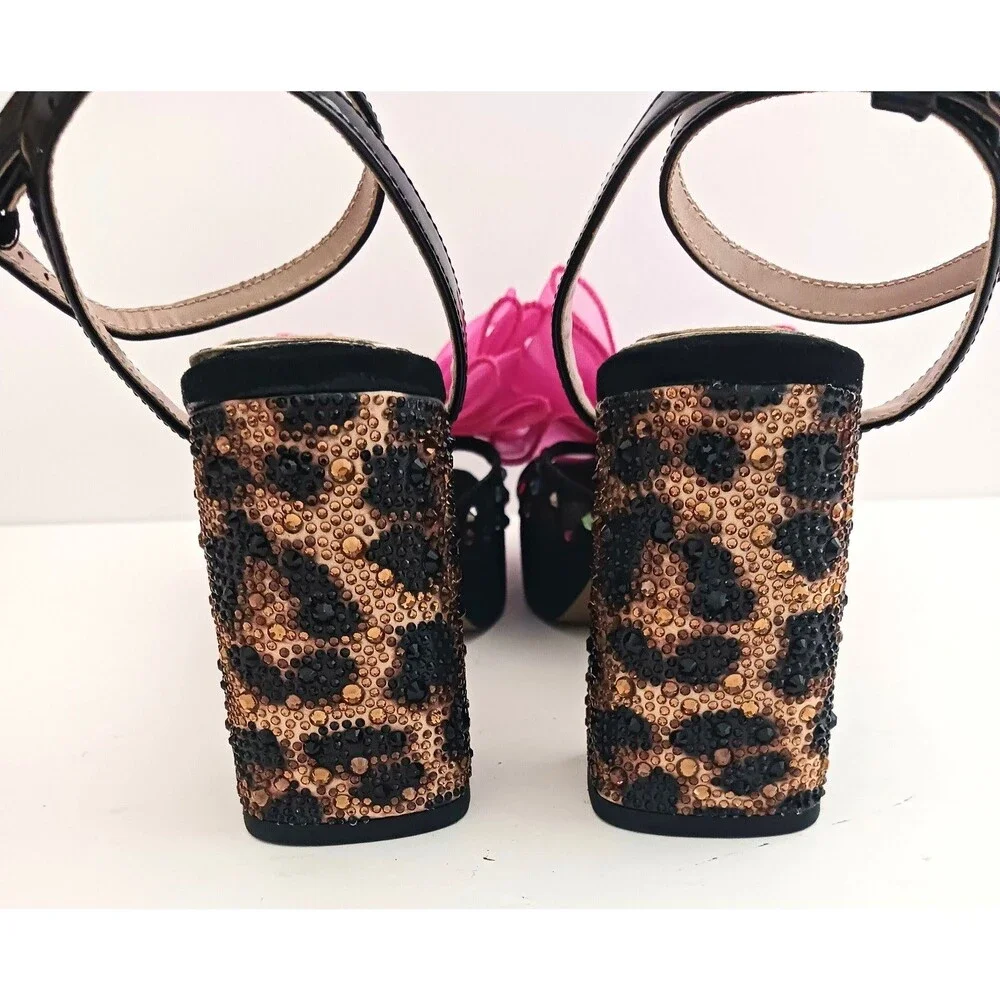 NEW Betsey Johnson Palloma Platform Sandal Bead Leopard Heel Pink Tulle Bow Sz 6